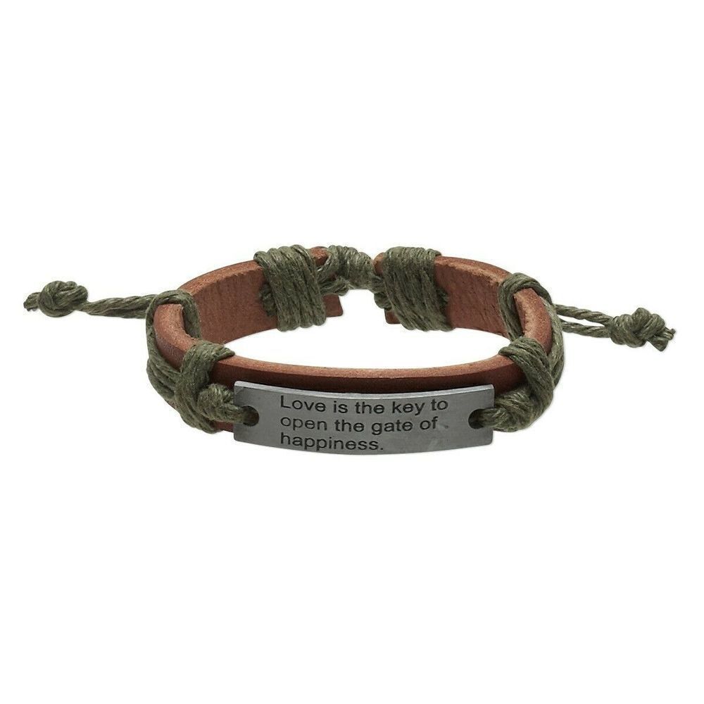Handmade Brown Green Love is The Key Leather Silver Pewter Adjustable Bracelet